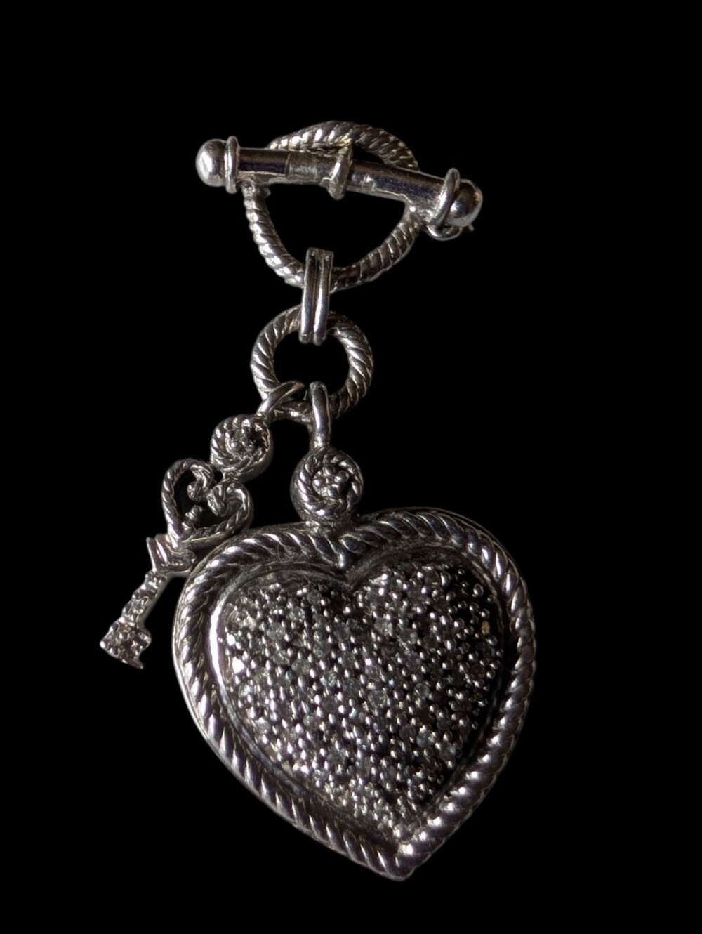 Vintage Real Diamond Pave Heart & Key Toggle Charm Pendant Sterling Silver .925